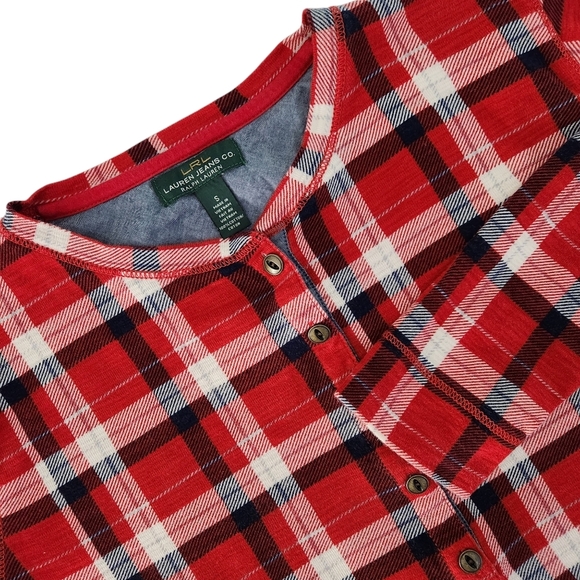 LAUREN JEANS CO. red plaid henley top small - Picture 1 of 10